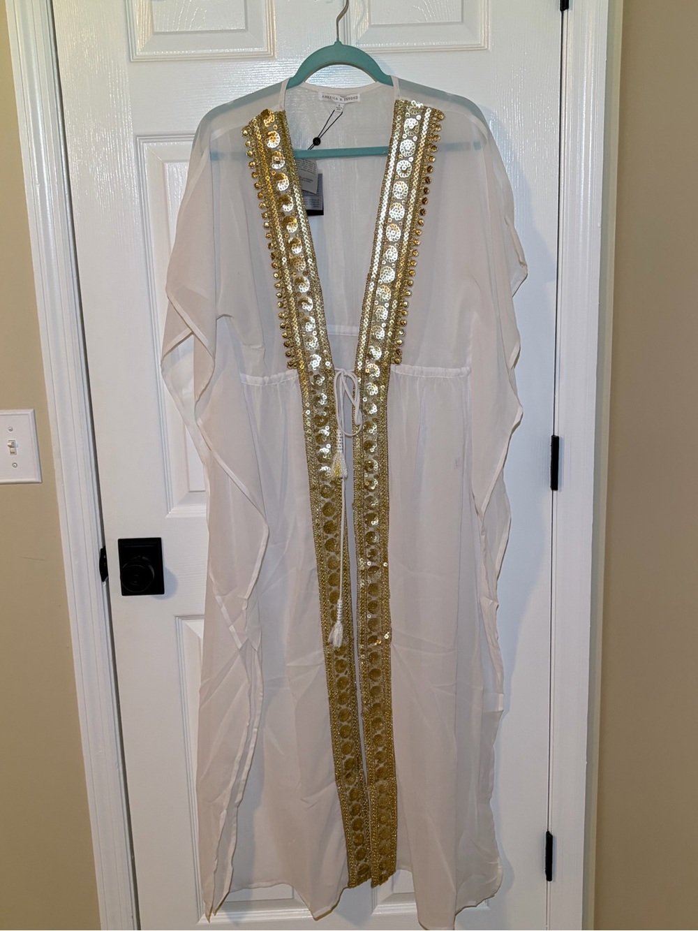 NWT America & Beyond Sheer White “Goddess” Kaftan with Gold Embellished Trim. OS